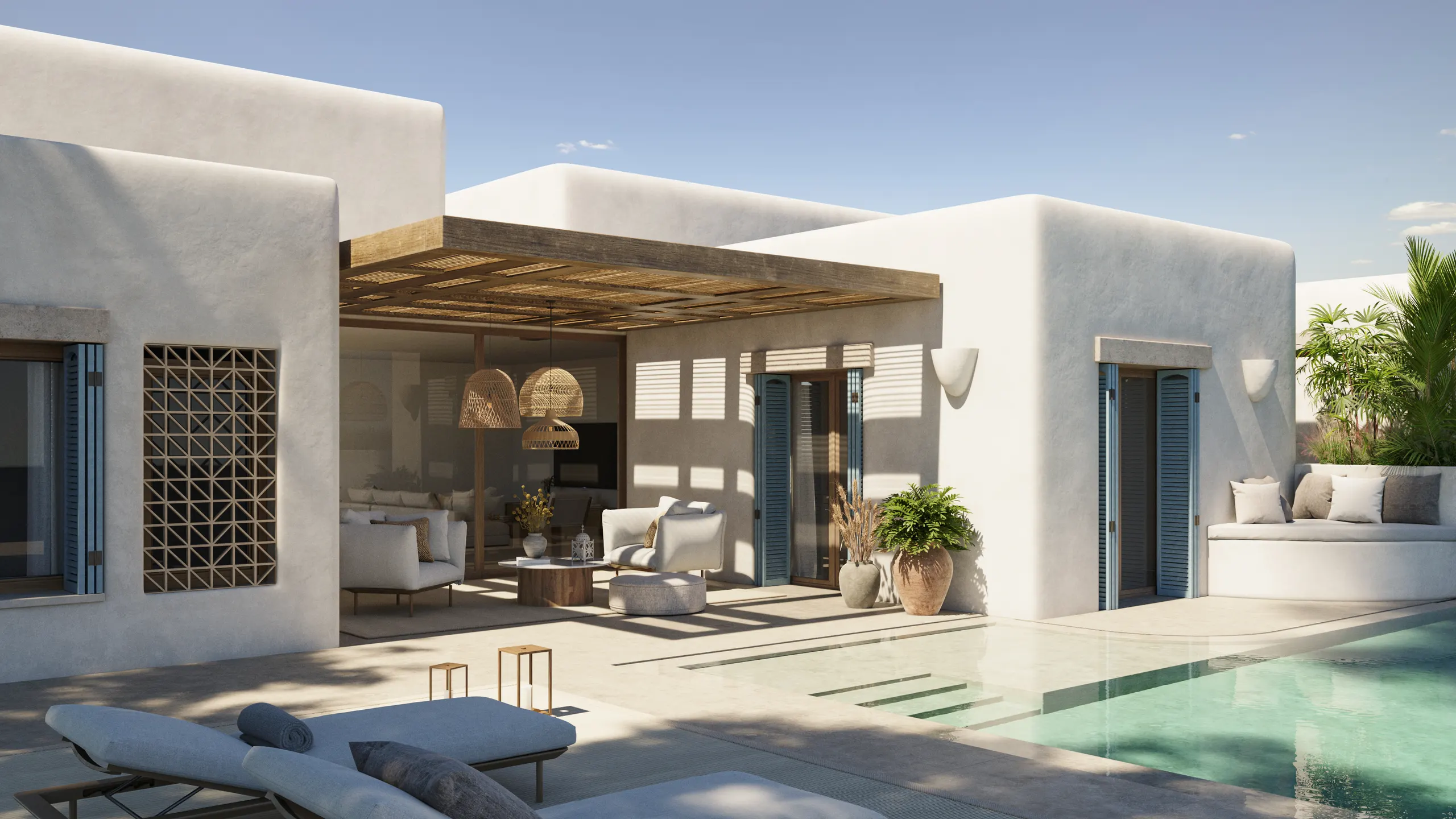 Villa del poblado con porche, piscina privada y vegetación mediterránea