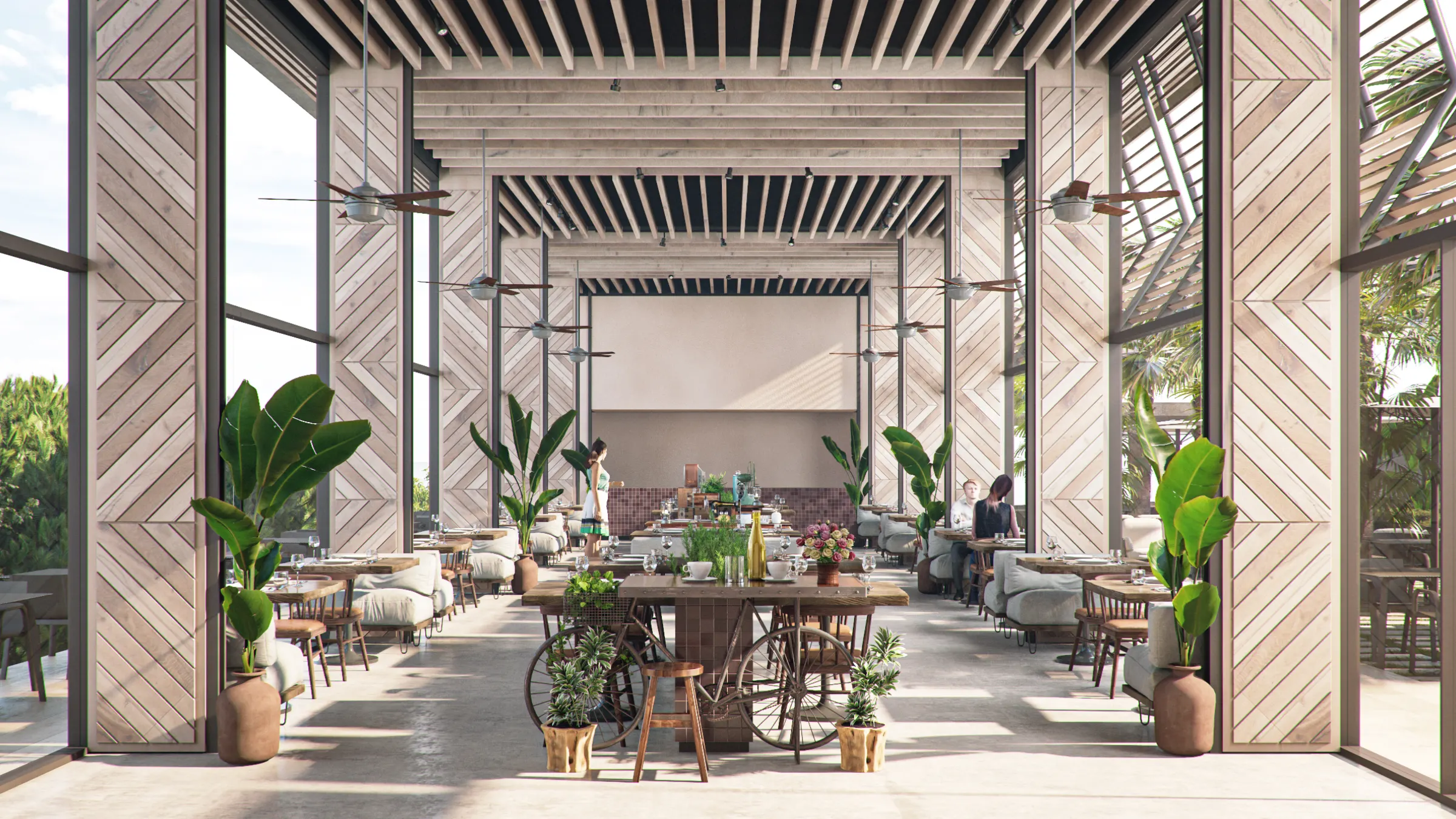 Restaurante del poblado, con las mesas entre celosías de madera y plantas