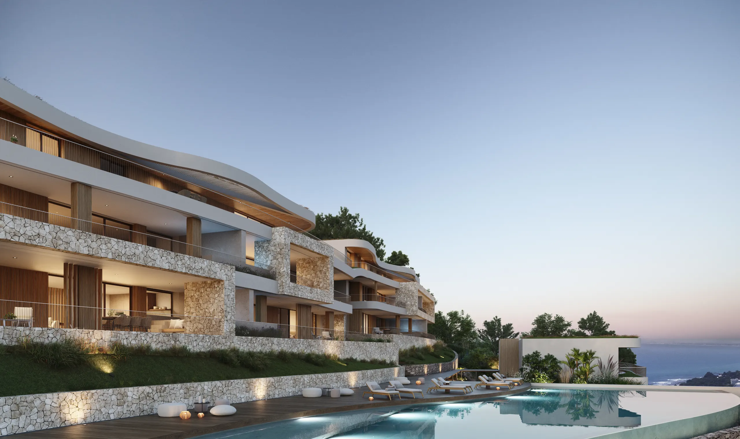 Piscina privada de una vivienda de Barlovento con el mar al fondo